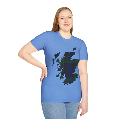 Scotland Tartan Map Softstyle Unisex T-Shirt, Black Watch Tartan, Various Colours