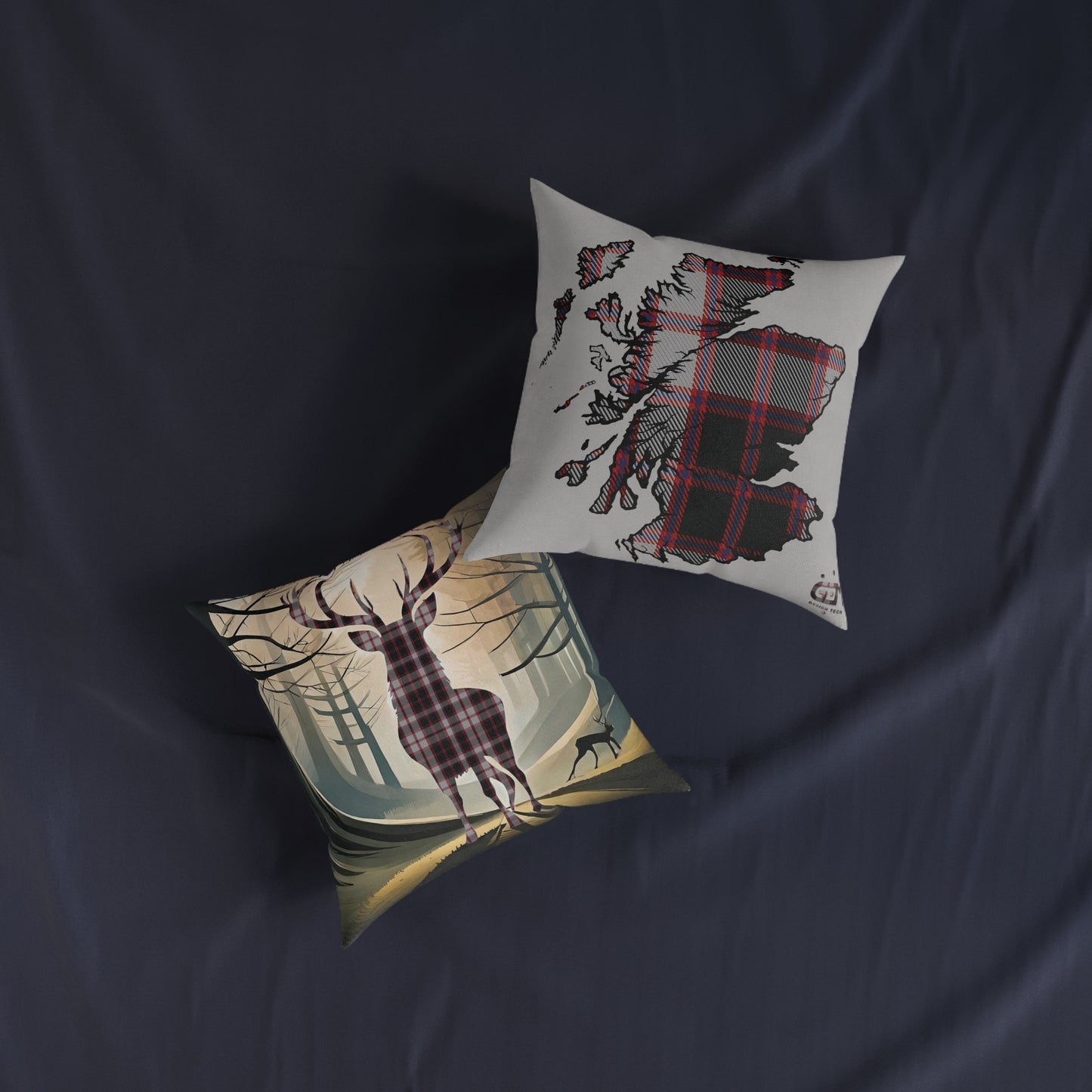 Reversible Square Cushion : Stag / Scotland Map - MacPherson Tartan, Various Sizes