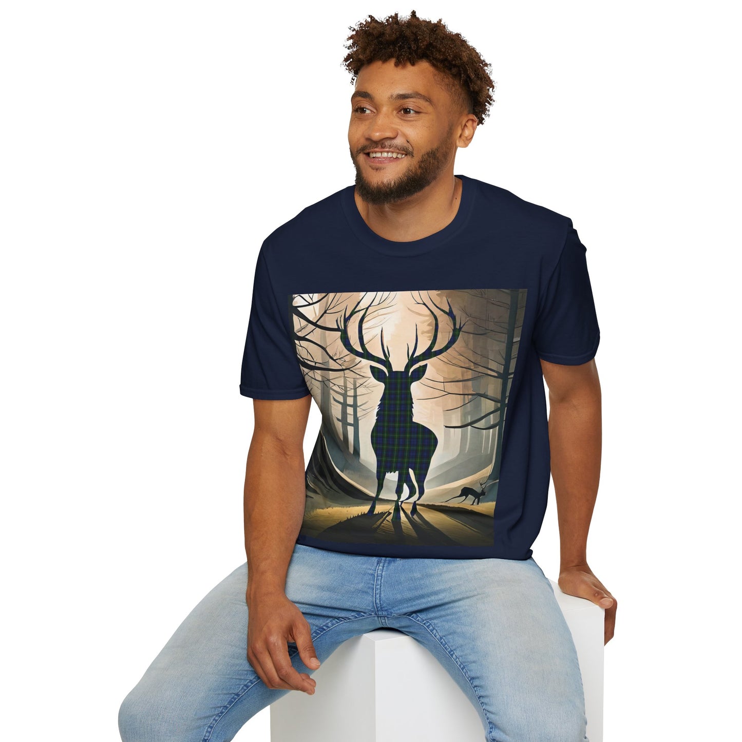 Stag Tartan Silhouette Softstyle T-Shirt - Gordon Tartan, Unisex Tee, Scottish Scenery, Various Colours