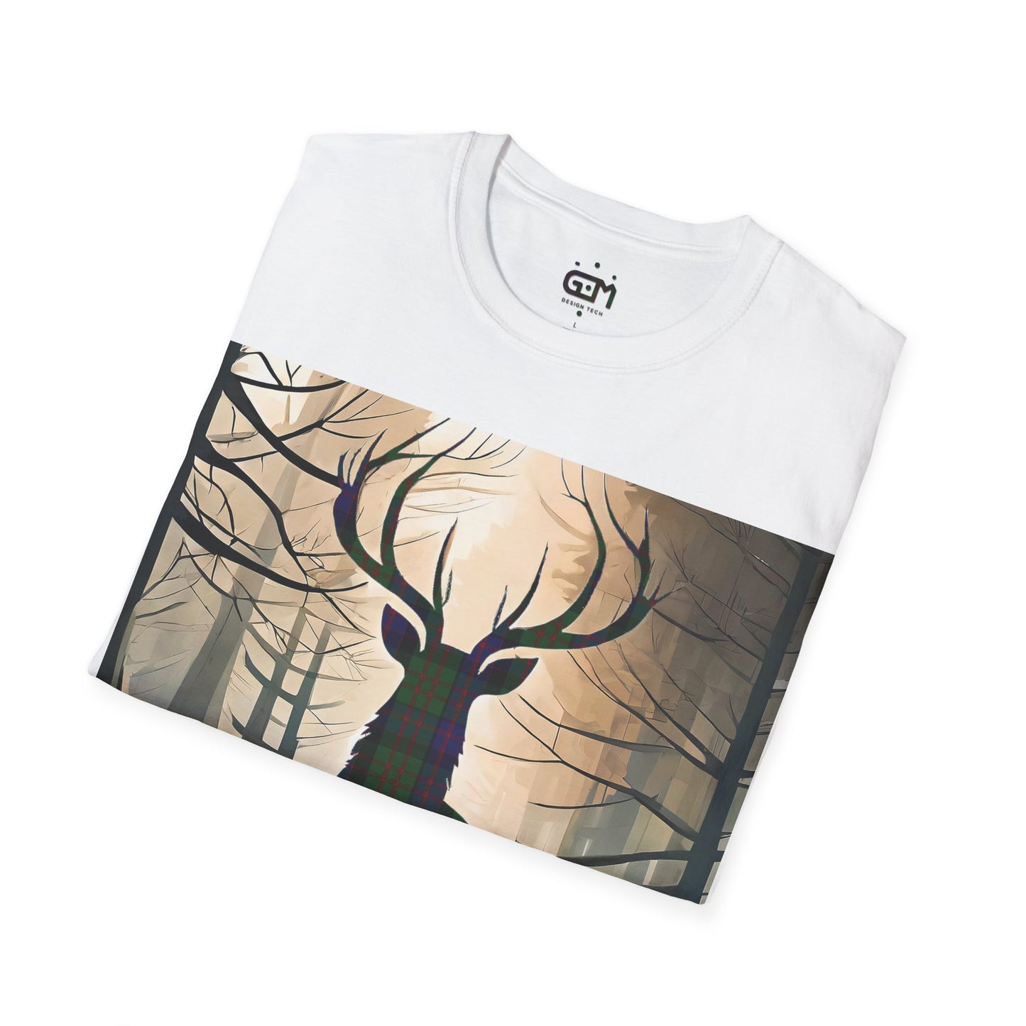 Stag Tartan Silhouette Softstyle T-Shirt - MacDonald Tartan, Unisex Tee, Scottish Scenery, Various Colours