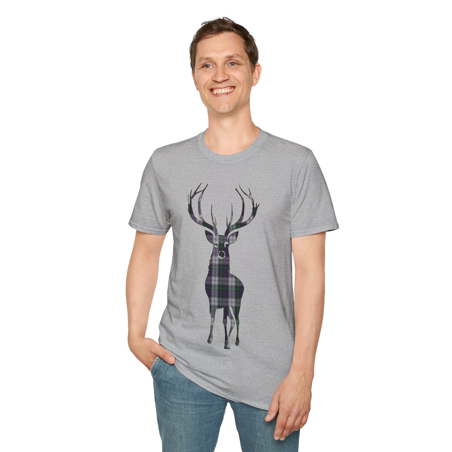 Tartan Stag Softstyle T-Shirt - Argyle Dress Tartan, Unisex Tee, Scottish Scenery, Various Colours