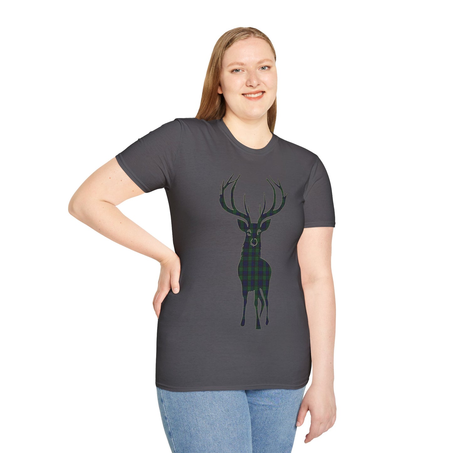 Tartan Stag Softstyle T-Shirt - Black Watch Tartan, Unisex Tee, Scottish Scenery, Various Colours