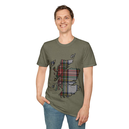 Scotland Tartan Map Softstyle Unisex T-Shirt, Stewart Dress Tartan, Various Colours