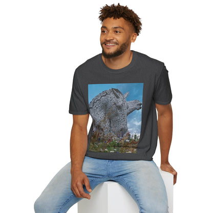 Kelpies with Meadow Photo Softstyle Unisex T-Shirt, Scottish Tee