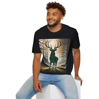 Stag Tartan Silhouette Softstyle T-Shirt - Duncan Tartan, Unisex Tee, Scottish Scenery, Various Colours