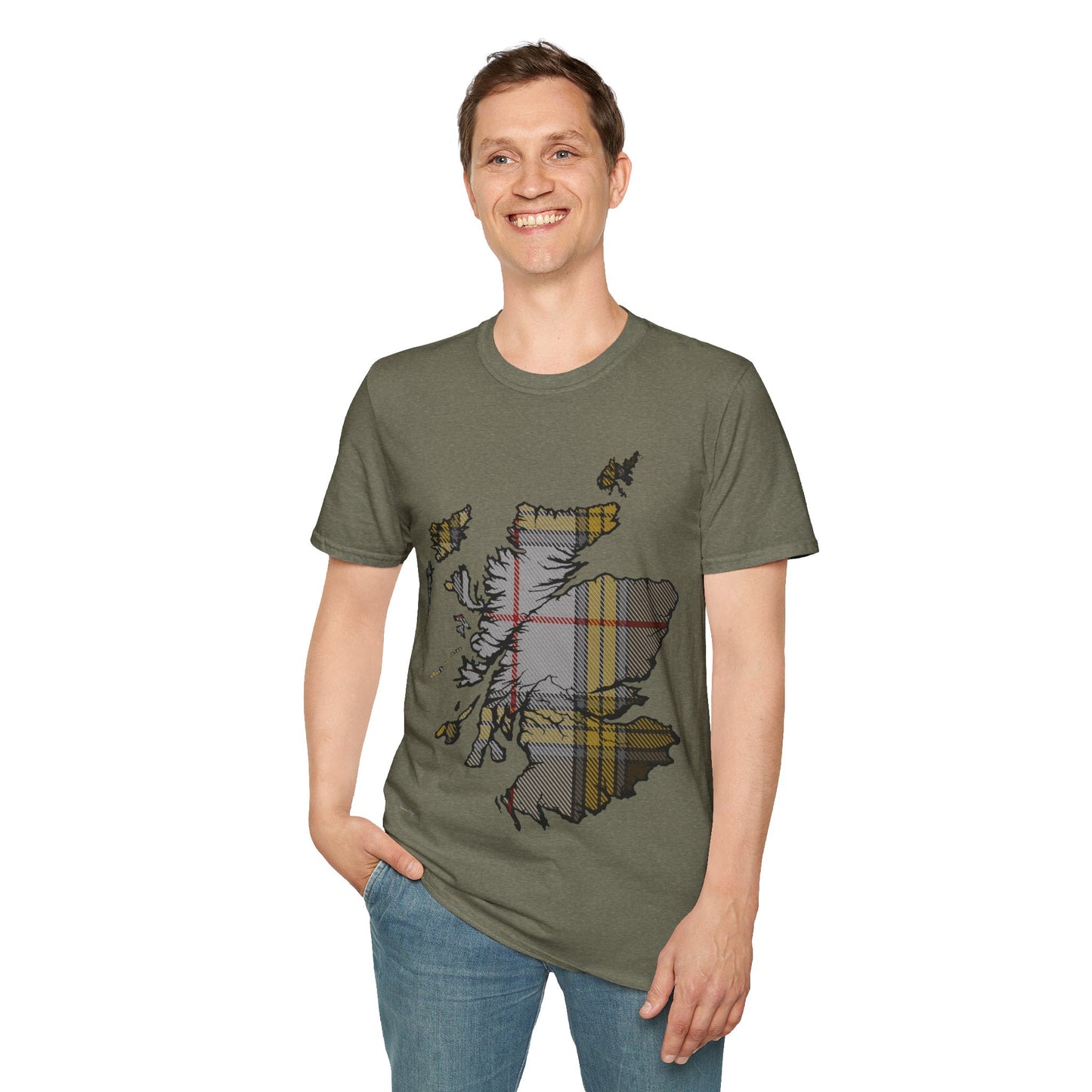 Scotland Tartan Map Softstyle Unisex T-Shirt, Buchanan Dress Tartan, Various Colours