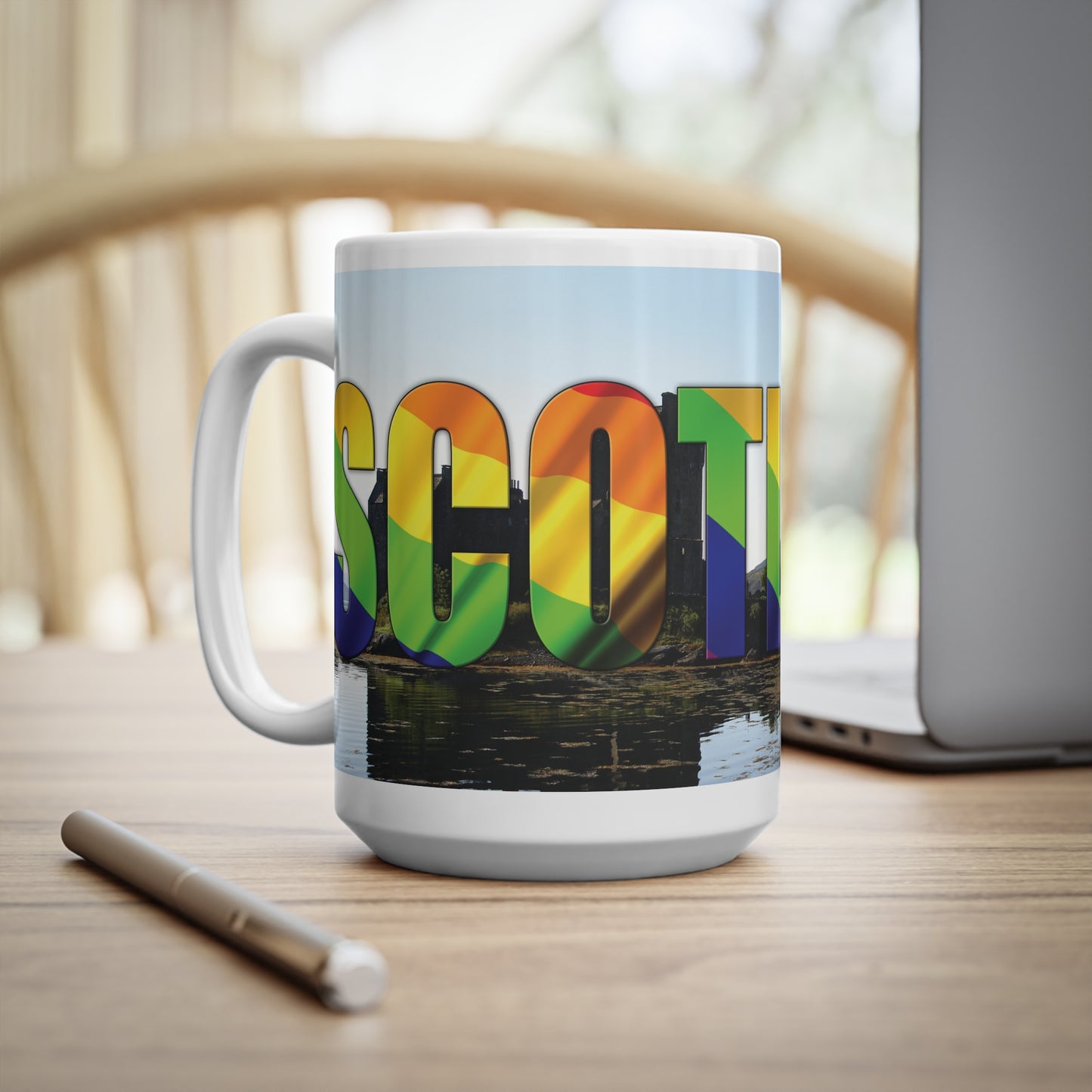 Scotland Lettering Pride Flag Photo Mug, White