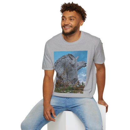 Kelpies with Meadow Photo Softstyle Unisex T-Shirt, Scottish Tee