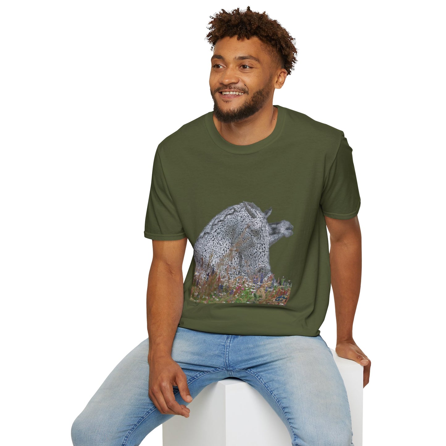 Scottish Kelpies with Meadow No Sky Photo Softstyle Unisex T-Shirt, Scotland Tee