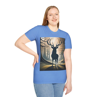 Stag Tartan Silhouette Softstyle T-Shirt - Gordon Tartan, Unisex Tee, Scottish Scenery, Various Colours