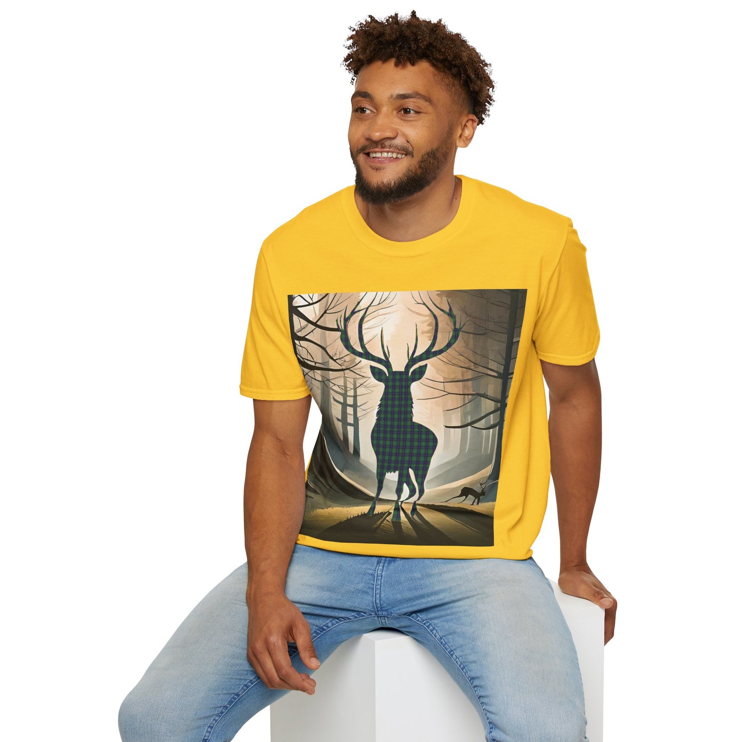 Stag Tartan Silhouette Softstyle T-Shirt - Douglas Tartan, Unisex Tee, Scottish Scenery, Various Colours