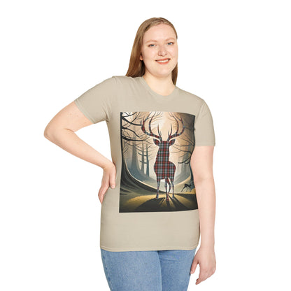 Stag Tartan Silhouette Softstyle T-Shirt - Stewart Tartan, Unisex Tee, Scottish Scenery, Various Colours