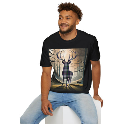 Stag Tartan Silhouette Softstyle T-Shirt - Argyle Dress Tartan, Unisex Tee, Scottish Scenery, Various Colours