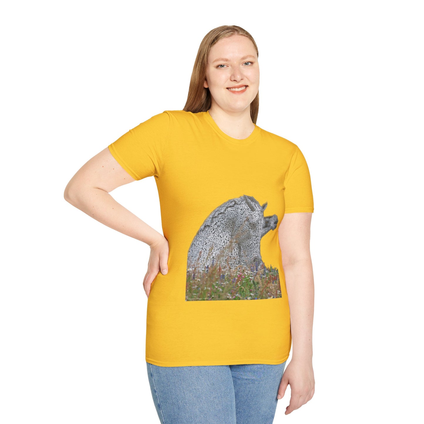 Kelpies with Meadow No Sky Photo Softstyle Unisex T-Shirt, Scottish Tee