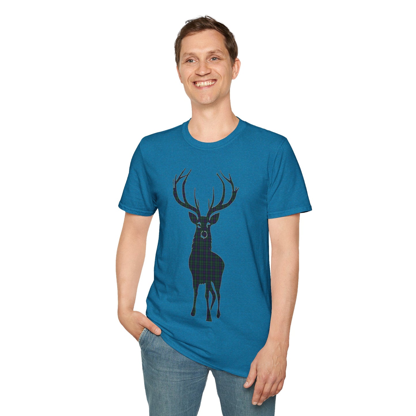 Tartan Stag Softstyle T-Shirt - Argyle Tartan, Unisex Tee, Scottish Scenery, Various Colours