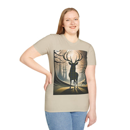 Stag Tartan Silhouette Softstyle T-Shirt - Campbell Tartan, Unisex Tee, Scottish Scenery, Various Colours