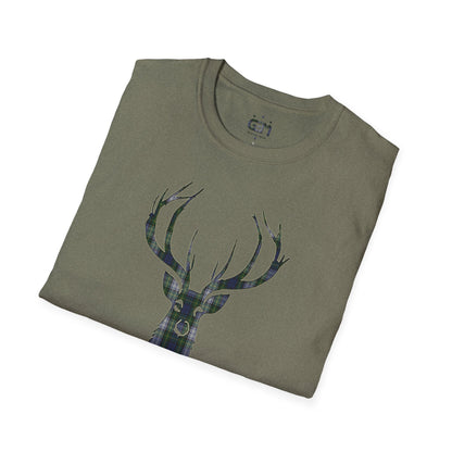 Tartan Stag Softstyle T-Shirt - Gordon Dress Tartan, Unisex Tee, Scottish Scenery, Various Colours