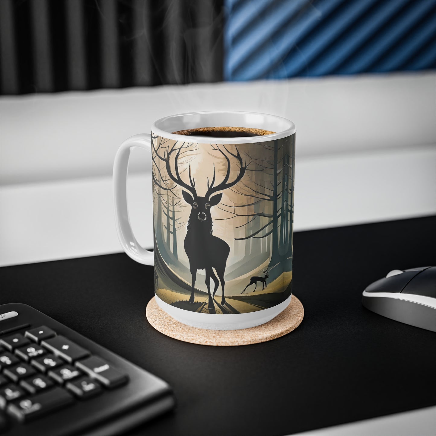 Stag Silhouette Woodland Scene Mug, Coffee Cup, Tea Cup, Scotland, White