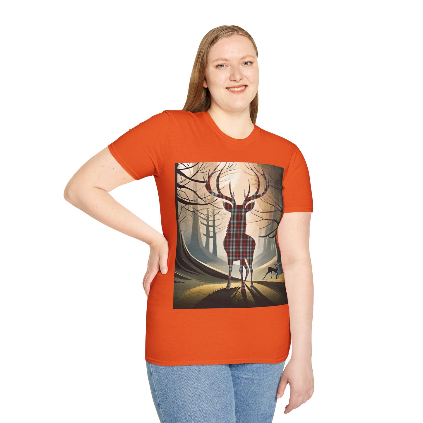 Stag Tartan Silhouette Softstyle T-Shirt - Stewart Tartan, Unisex Tee, Scottish Scenery, Various Colours