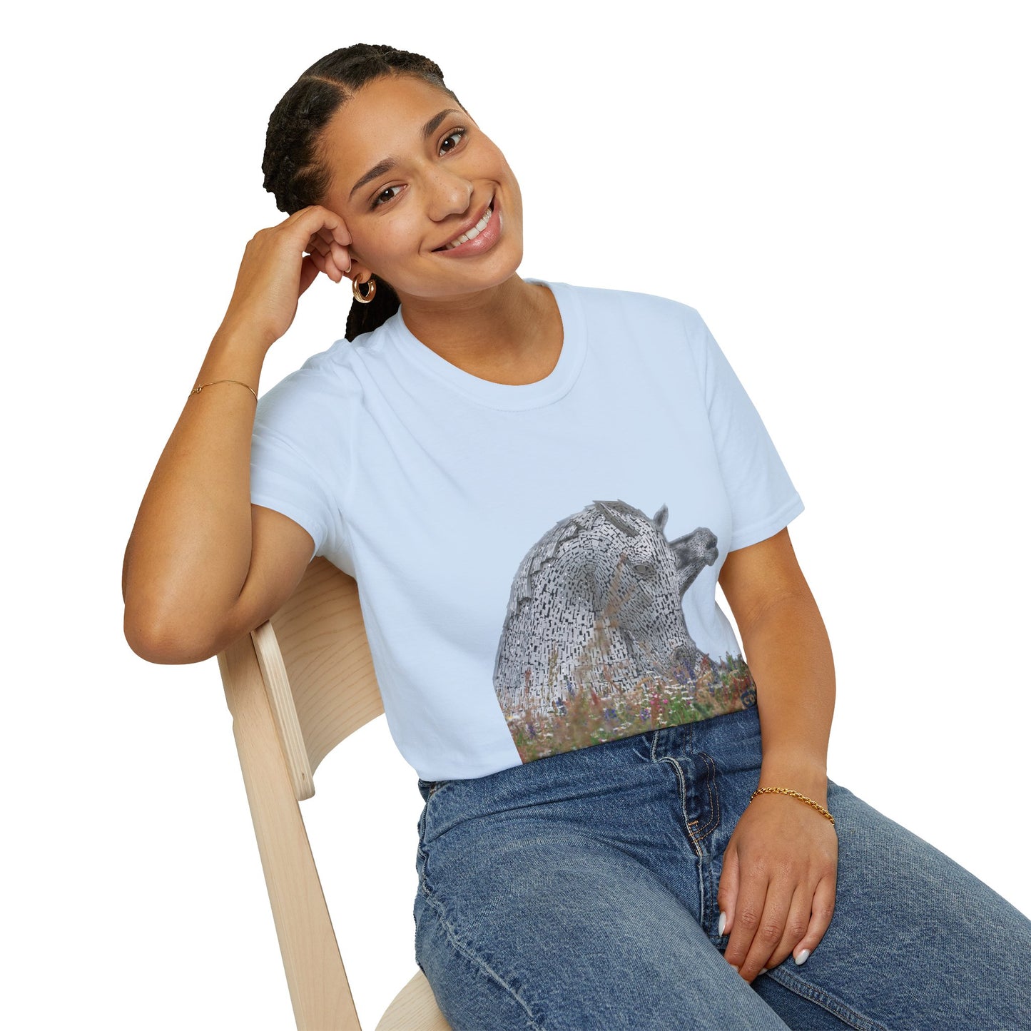 Scottish Kelpies with Meadow No Sky Photo Softstyle Unisex T-Shirt, Scotland Tee