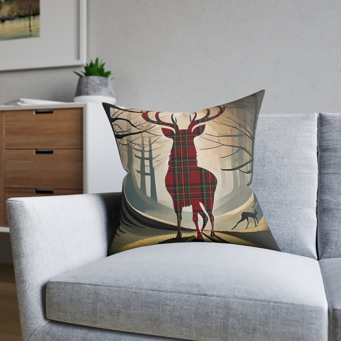 Reversible Square Cushion : Stag / Scotland Map - Stewart Royal Tartan, Various Sizes