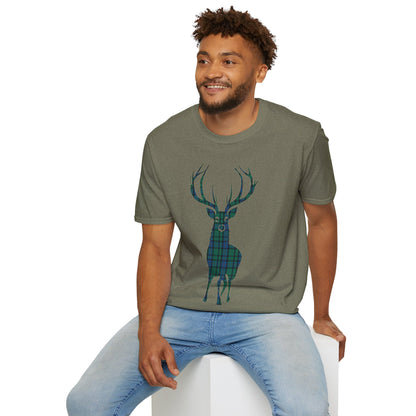 Tartan Stag Softstyle T-Shirt - Flower of Scotland Tartan, Unisex Tee, Scottish Scenery, Various Colours