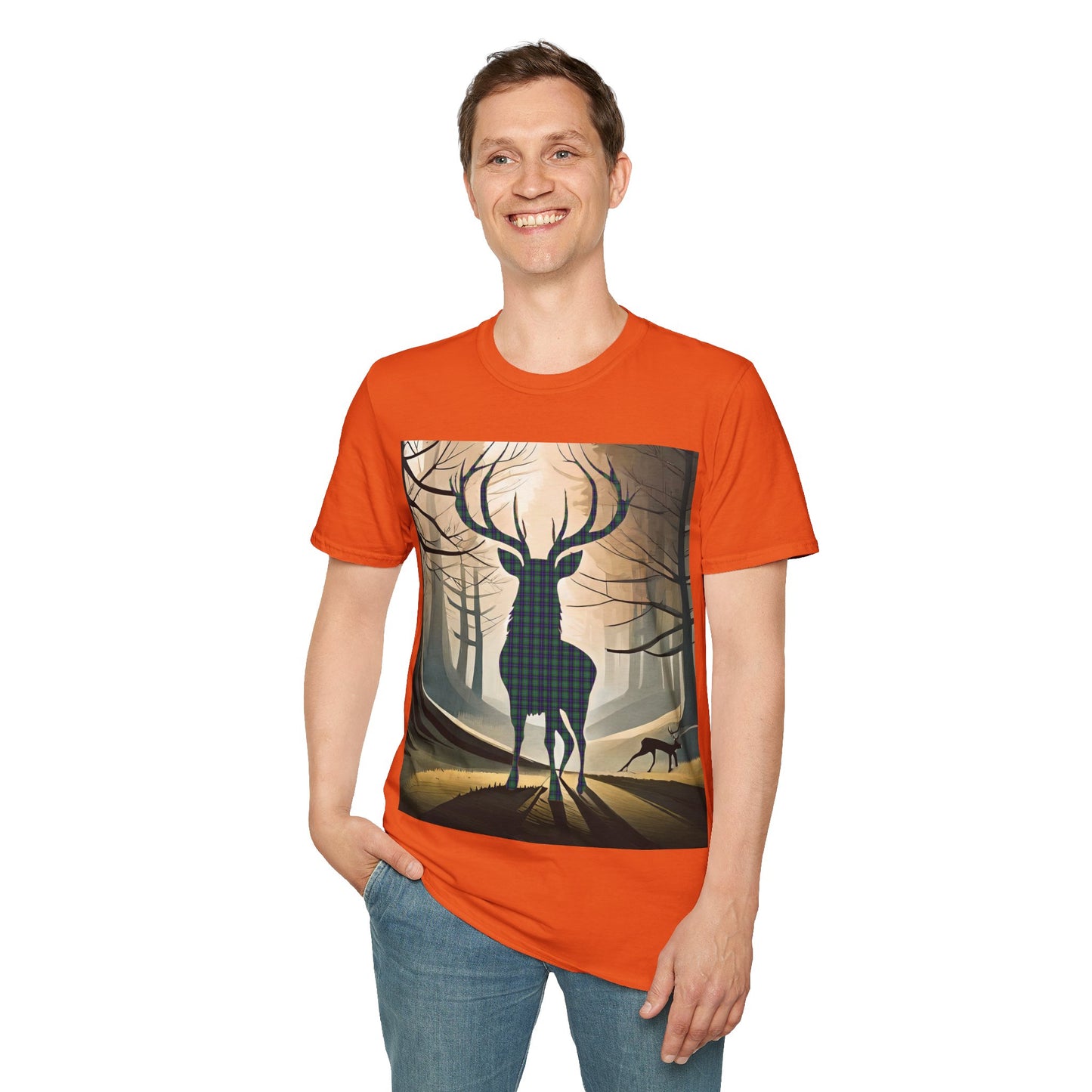 Stag Tartan Silhouette Softstyle T-Shirt - Douglas Tartan, Unisex Tee, Scottish Scenery, Various Colours