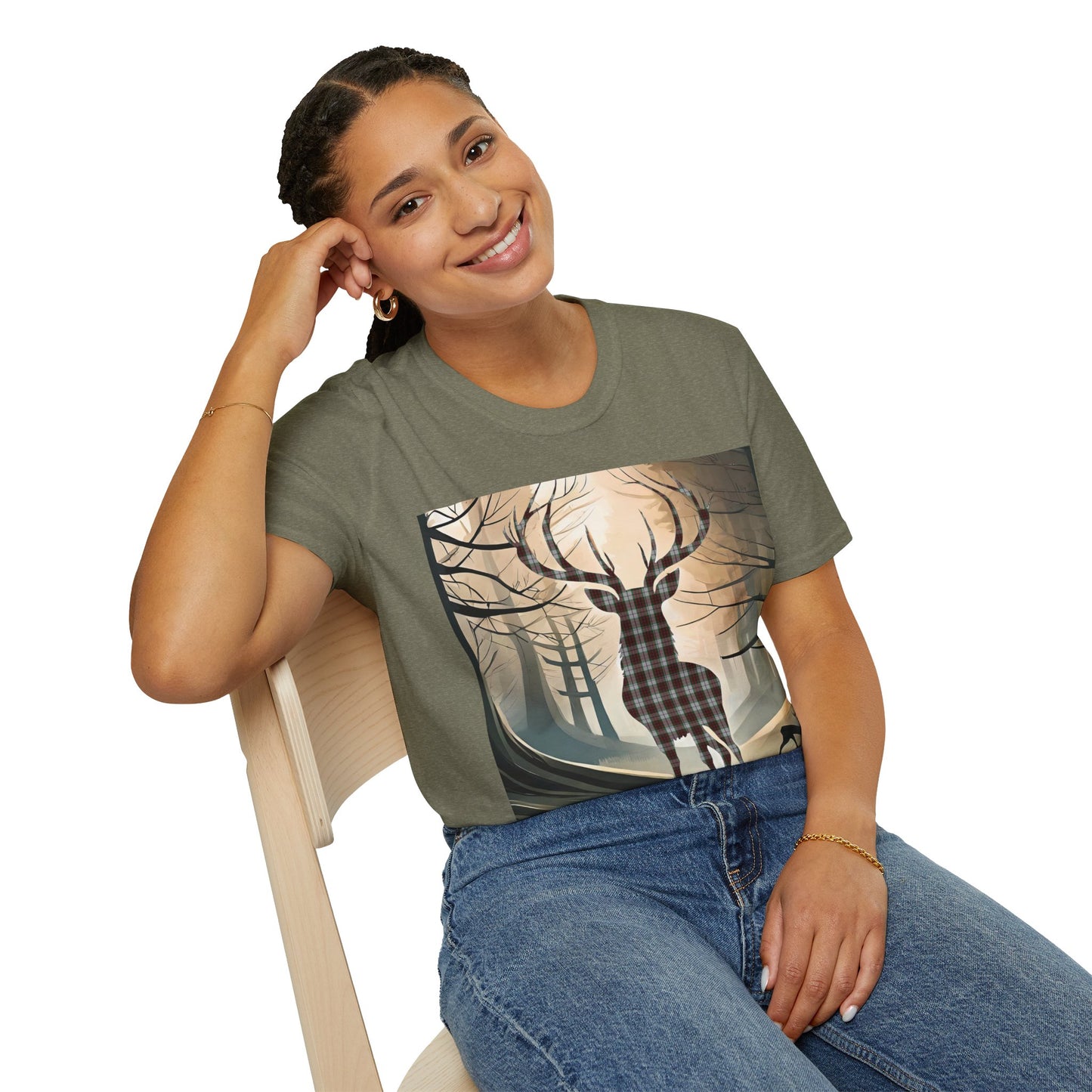 Stag Tartan Silhouette Softstyle T-Shirt - Fraser Tartan, Unisex Tee, Scottish Scenery, Various Colours