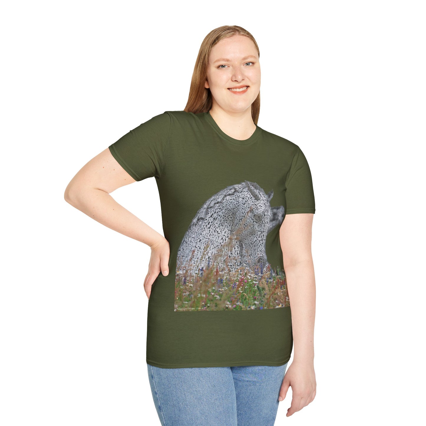 Kelpies with Meadow No Sky Photo Softstyle T-Shirt, Unisex Tee, Scottish Landmarks, Various Colours