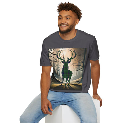 Stag Tartan Silhouette Softstyle T-Shirt - Duncan Tartan, Unisex Tee, Scottish Scenery, Various Colours