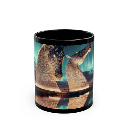 Kelpies Northern Lights Mug, Coffee Cup, Tea Cup, Scottish Art, Scottish Landmarks, Scottish Nature, Black