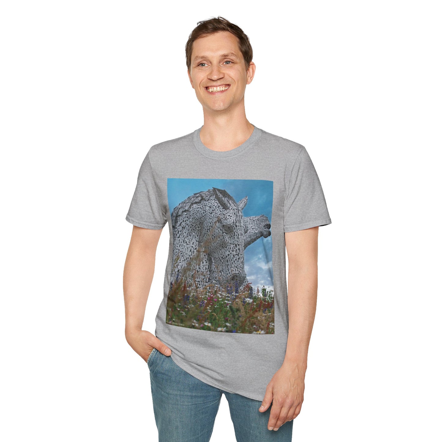 Kelpies with Meadow Photo Softstyle Unisex T-Shirt, Scottish Tee