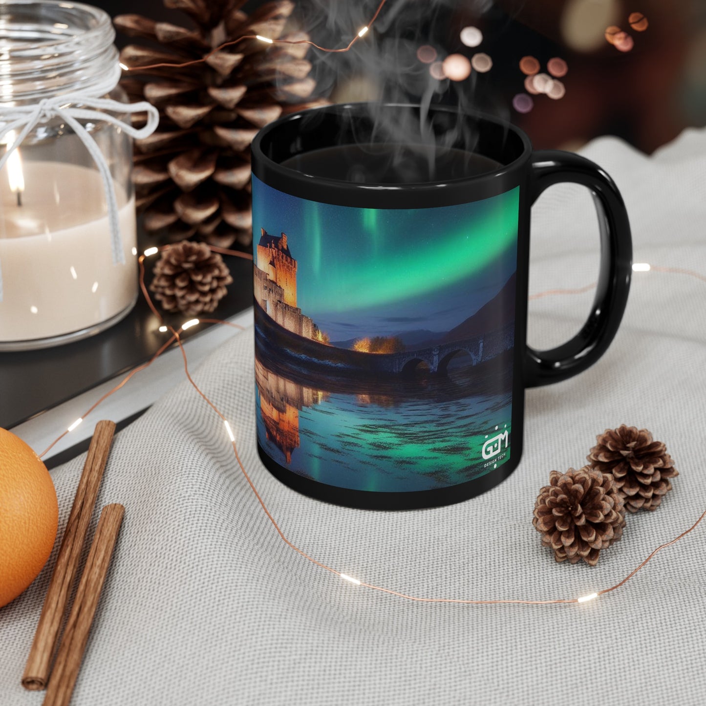 Eilean Donan Castle Northern Lights Mug, Coffee Cup, Tea Cup, Scottish Art, Scottish Landmarks, Scottish Nature, Black