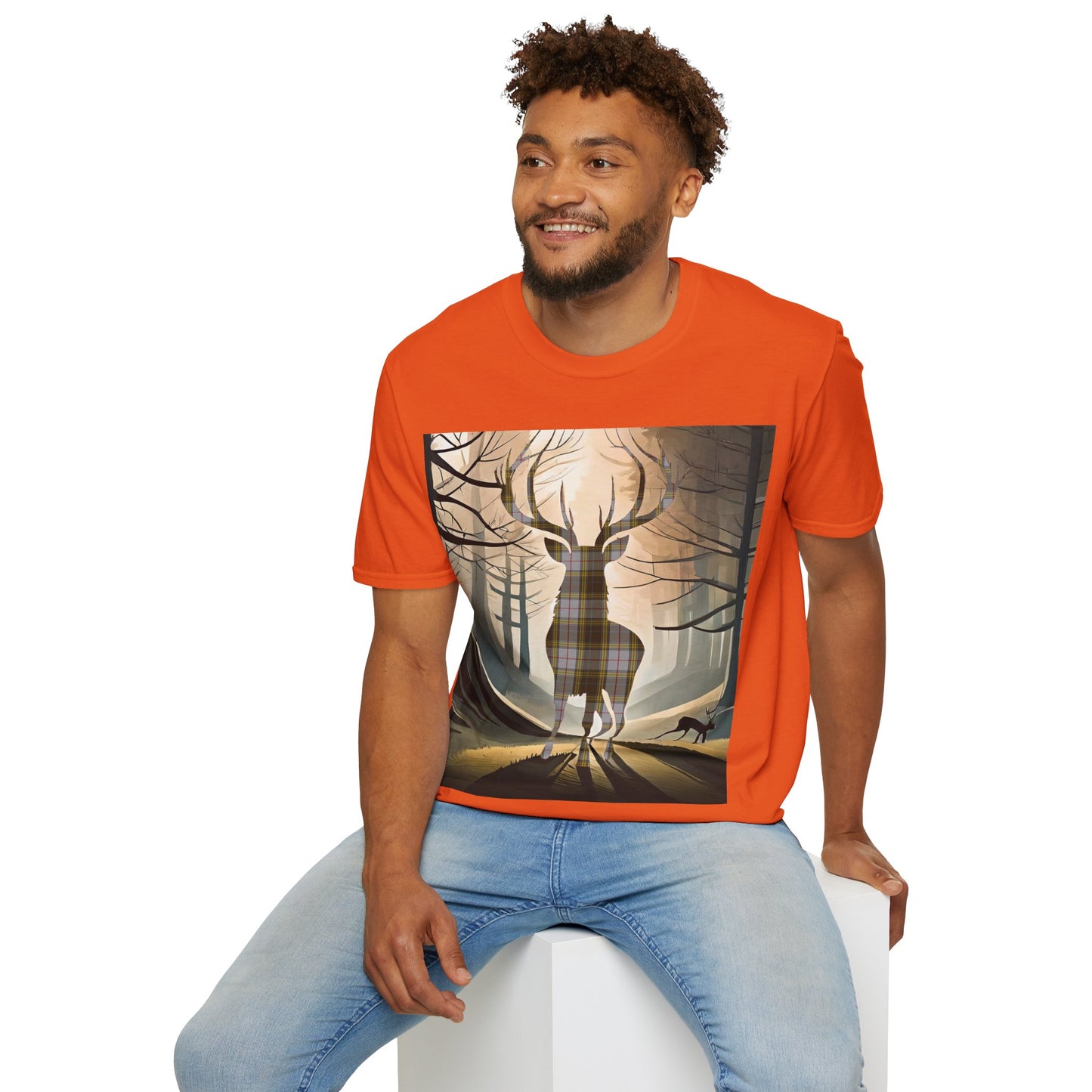 Stag Tartan Silhouette Softstyle T-Shirt - Buchanan Tartan, Unisex Tee, Scottish Scenery, Various Colours