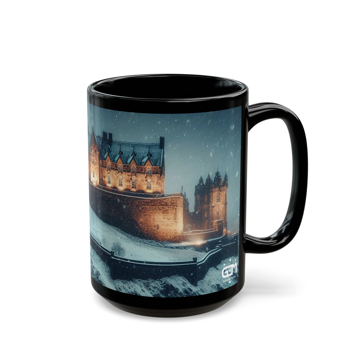 Edinburgh Castle in Winter Mug, Coffee Cup, Tea Cup, Scottish Art, Scottish Landmarks, Scottish Nature, Black