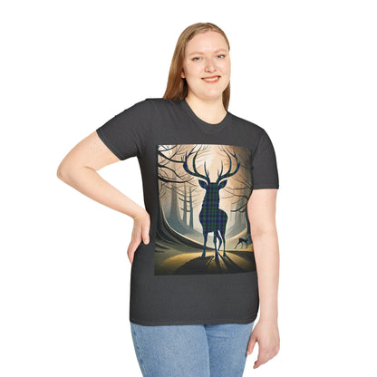 Stag Tartan Silhouette Softstyle T-Shirt - Miller Tartan, Unisex Tee, Scottish Scenery, Various Colours