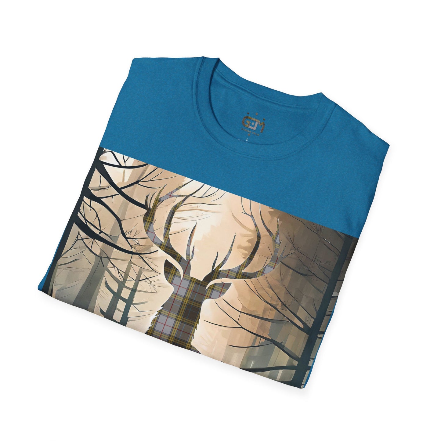 Stag Tartan Silhouette Softstyle T-Shirt - Buchanan Tartan, Unisex Tee, Scottish Scenery, Various Colours