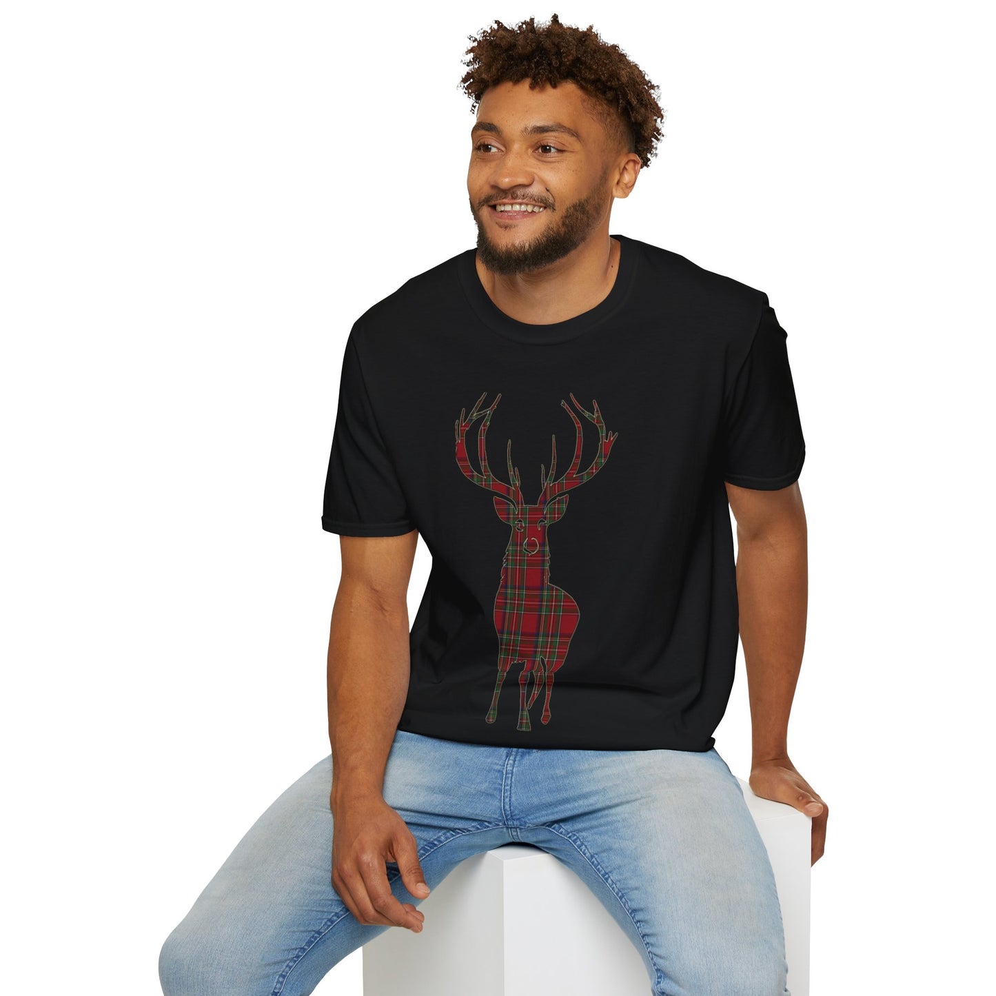 Tartan Stag Softstyle T-Shirt - Stewart Royal Tartan, Unisex Tee, Scottish Scenery, Various Colours