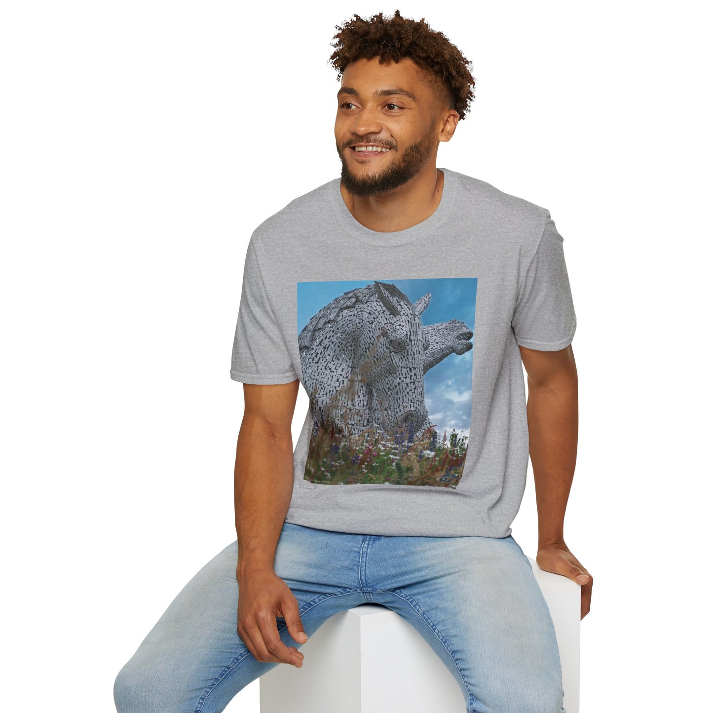 Scottish Kelpies with Meadow Photo Softstyle Unisex T-Shirt, Scotland Tee