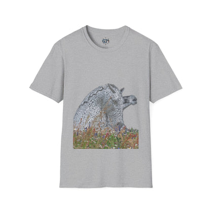 Kelpies with Meadow No Sky Photo Softstyle Unisex T-Shirt, Scottish Tee