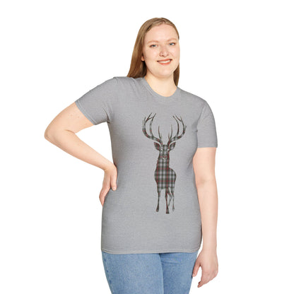 Tartan Stag Softstyle T-Shirt - Stewart Dress Tartan, Unisex Tee, Scottish Scenery, Various Colours