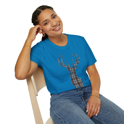 Tartan Stag Softstyle T-Shirt - Stewart Dress Tartan, Unisex Tee, Scottish Scenery, Various Colours