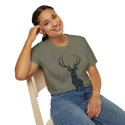 Tartan Stag Softstyle T-Shirt - Gordon Tartan, Unisex Tee, Scottish Scenery, Various Colours