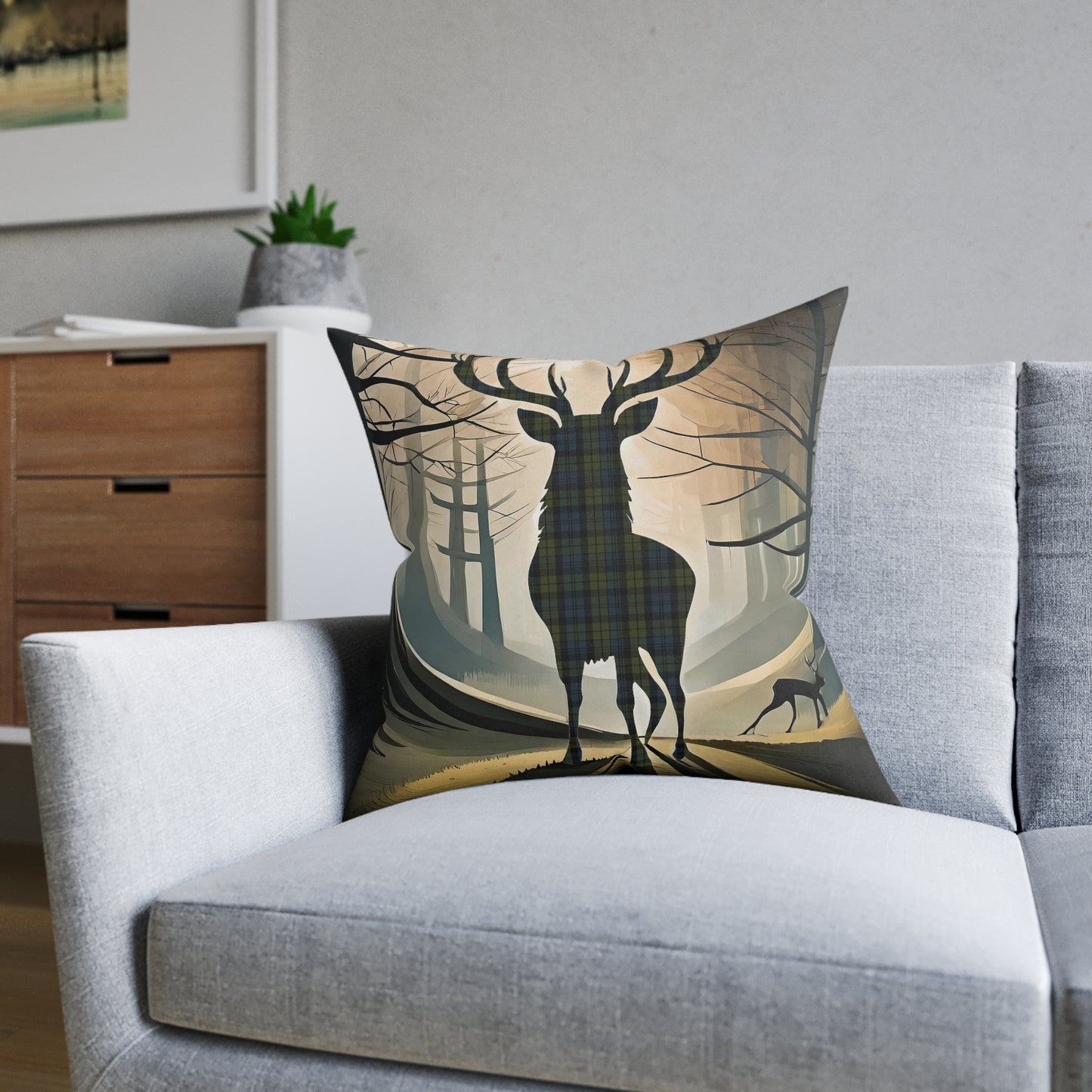 Reversible Square Cushion : Stag / Scotland Map - Campbell Tartan, Various Sizes