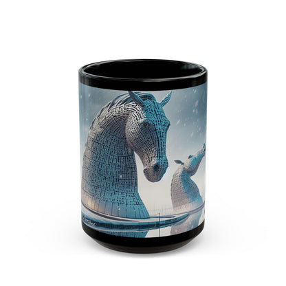 Kelpies in Winter Mug, Coffee Cup, Tea Cup, Scottish Art, Scottish Landmarks, Scottish Nature, Black