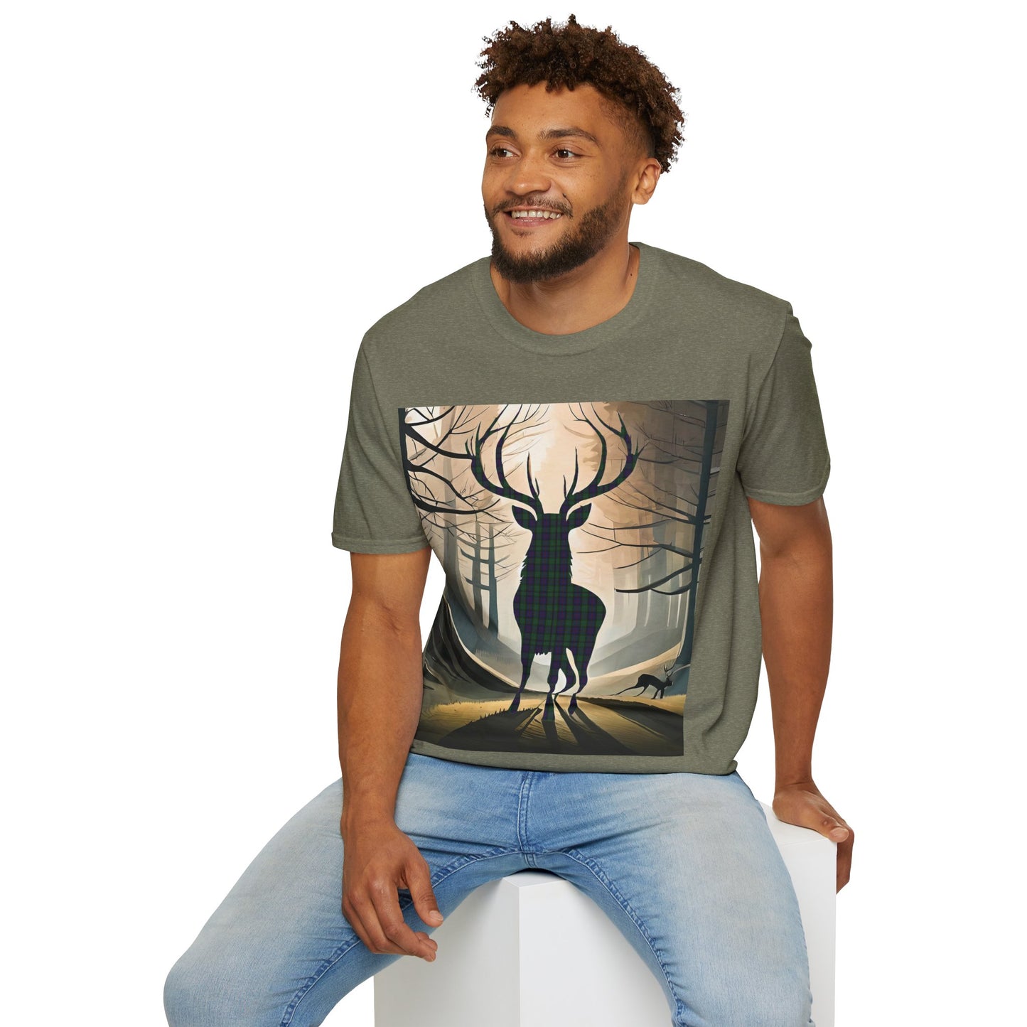 Stag Tartan Silhouette Softstyle T-Shirt - Argyle Tartan, Unisex Tee, Scottish Scenery, Various Colours