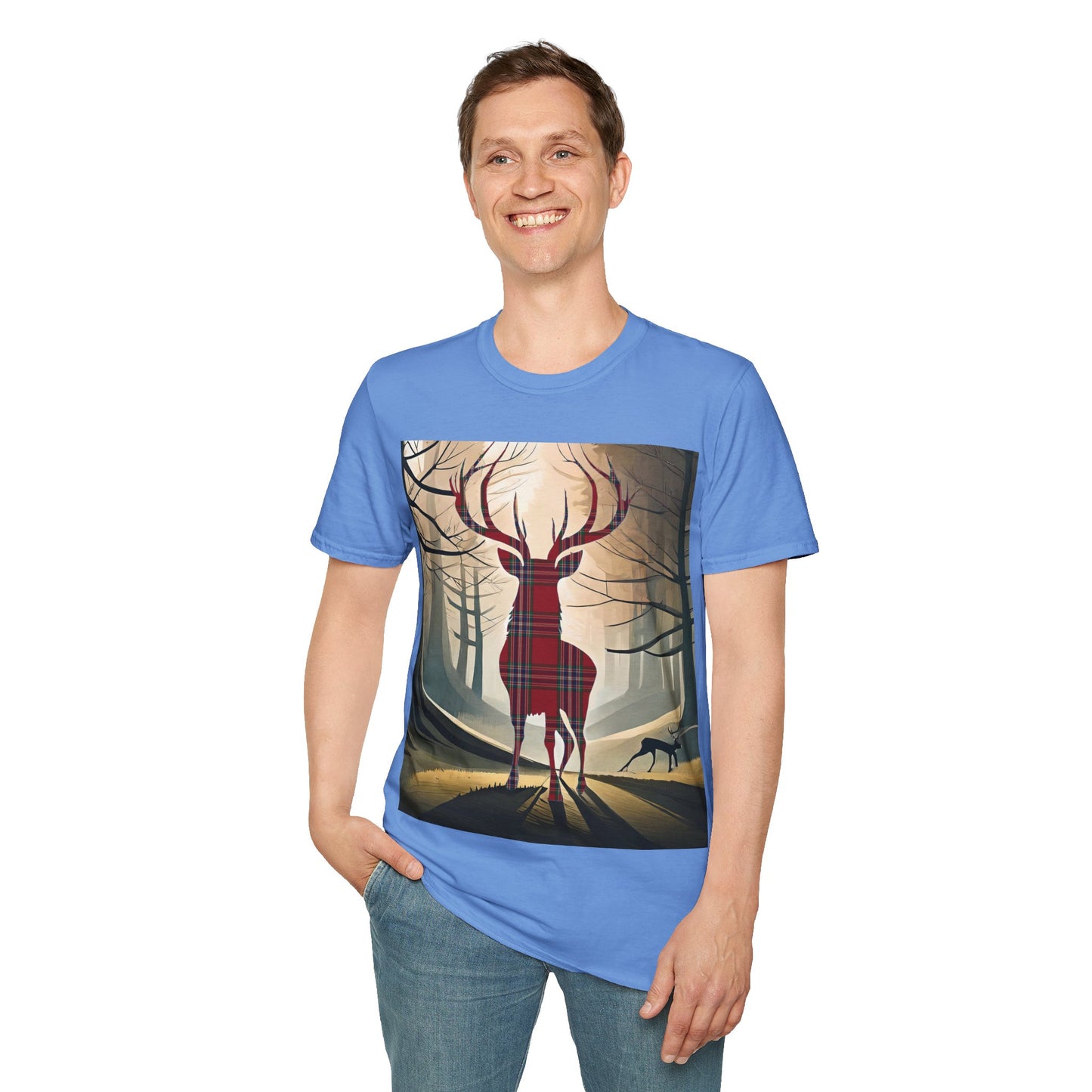 Stag Tartan Silhouette Softstyle T-Shirt - MacFarlane Tartan, Unisex Tee, Scottish Scenery, Various Colours