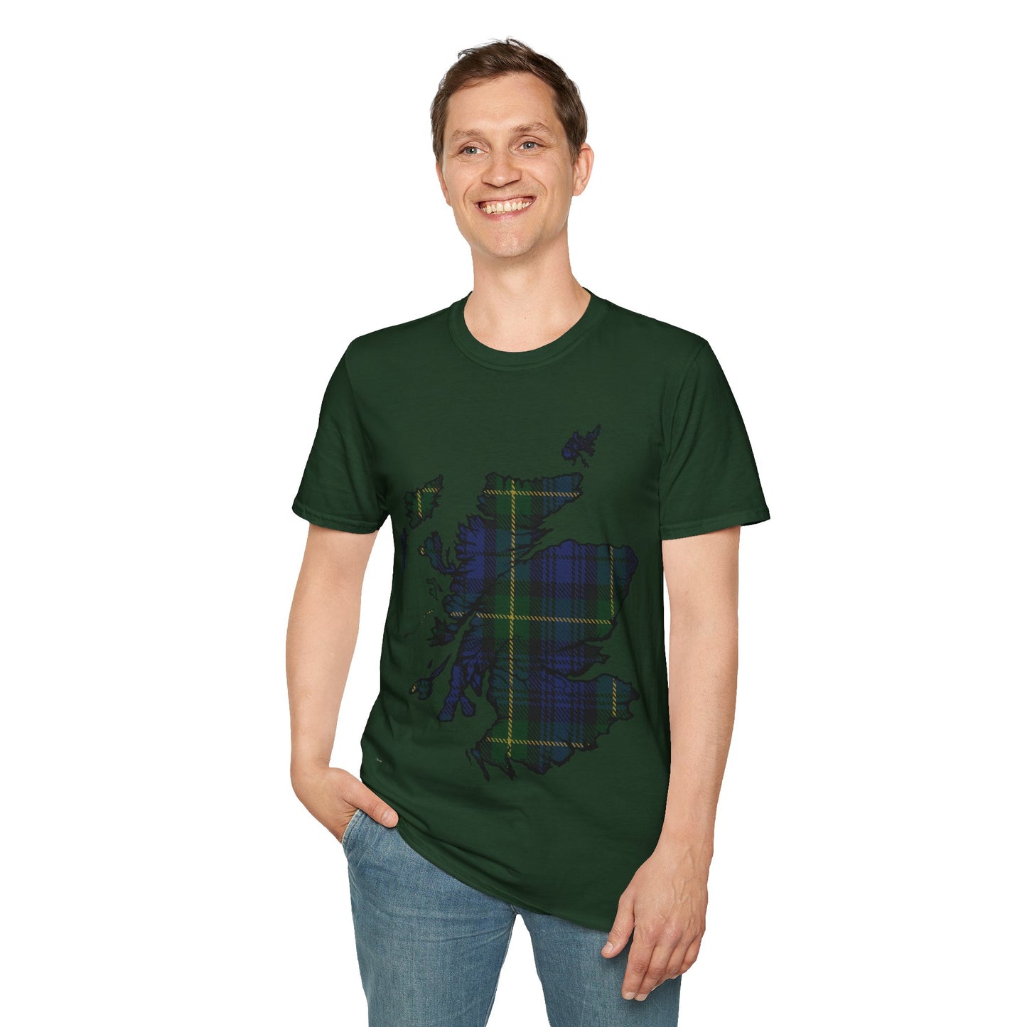 Scotland Tartan Map Softstyle Unisex T-Shirt, Gordon Tartan, Various Colours