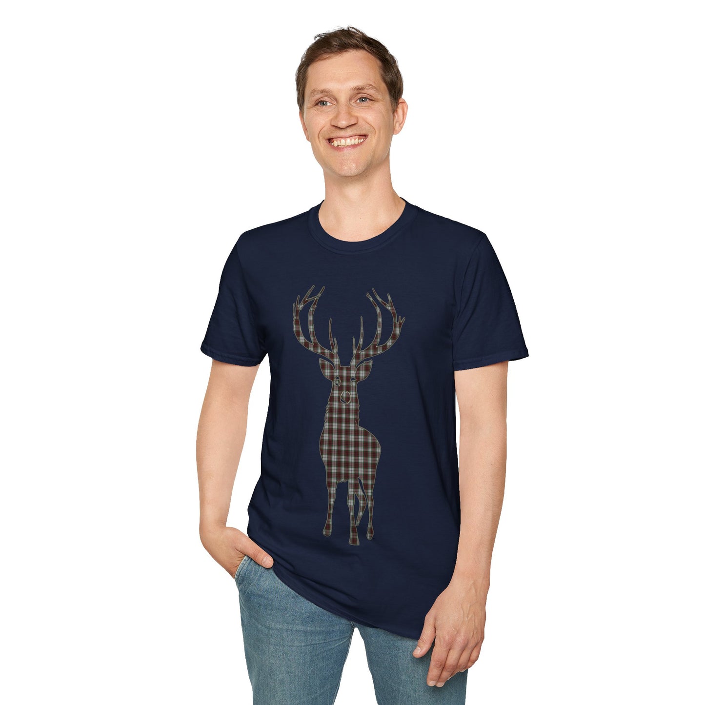 Tartan Stag Softstyle T-Shirt - Fraser Tartan, Unisex Tee, Scottish Scenery, Various Colours