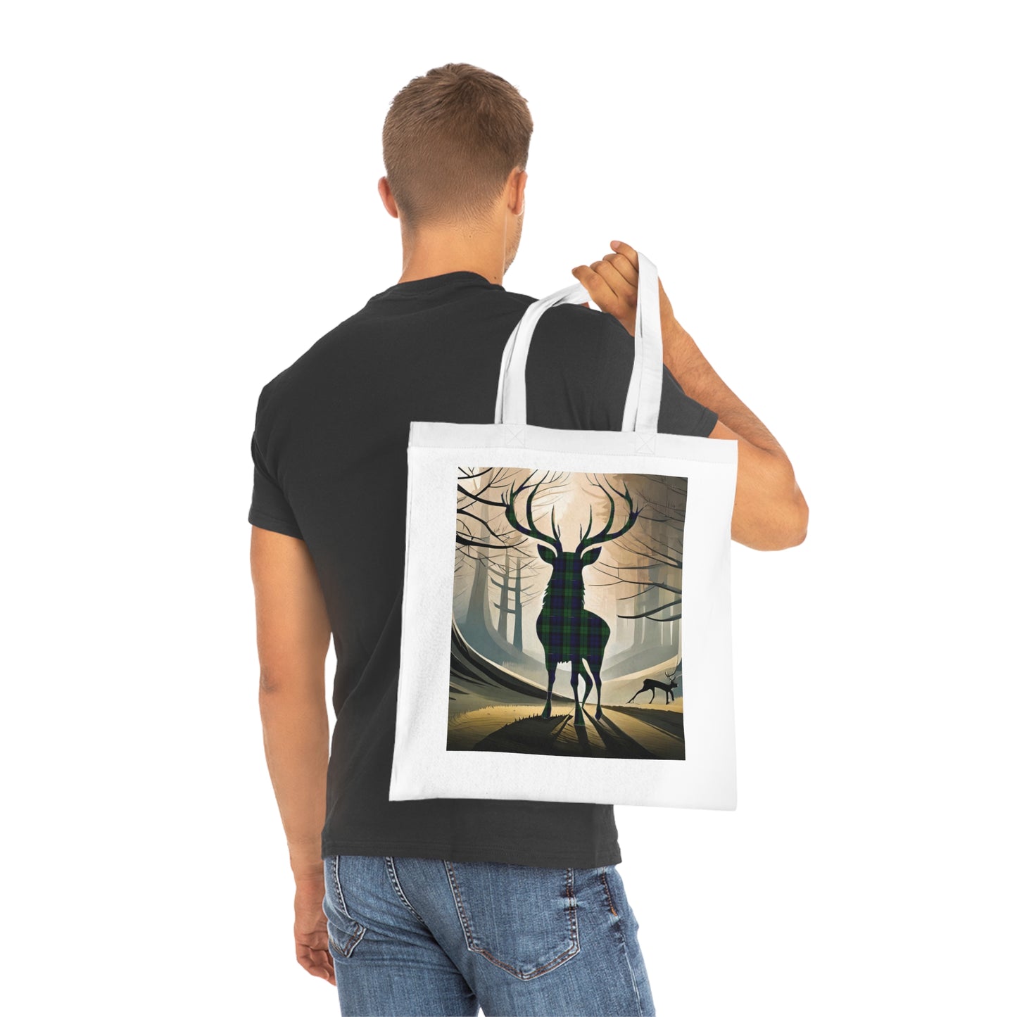 Reversible Scotland Tartan Stag Cotton Tote Bag - Black Watch Tartan